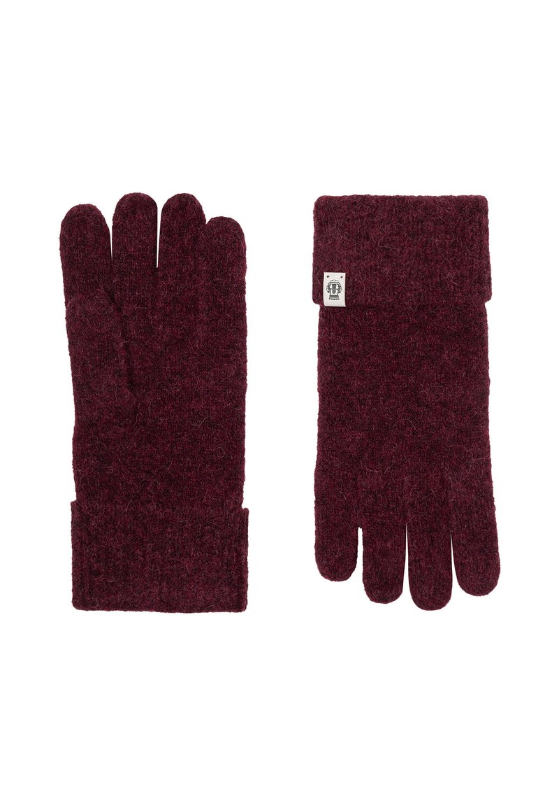 Pair of burgundy knit gloves with ribbed cuffs, one showing palm side and the other the back with a small white logo tag.
