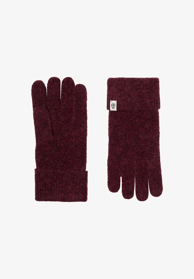 Pair of burgundy knit gloves with ribbed cuffs, one showing palm side and the other the back with a small white logo tag.