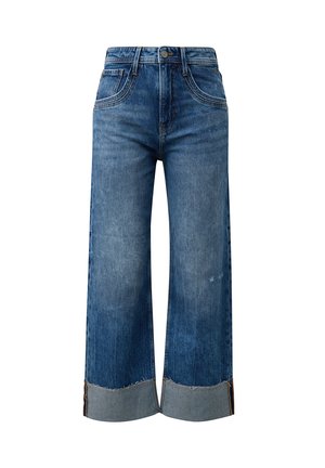 Niebieskie jeansy o szerokich nogawkach z postrzępionymi mankietami, zapięciem na guziki i zamek błyskawiczny z przodu oraz stylem z pięcioma kieszeniami.