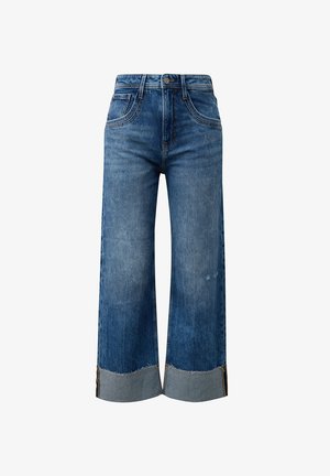 Niebieskie jeansy o szerokich nogawkach z postrzępionymi mankietami, zapięciem na guziki i zamek błyskawiczny z przodu oraz stylem z pięcioma kieszeniami.