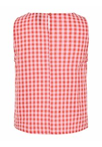 Hedvábná a růžová kostkovaná bezrámová blůza s knoflíkovým zapínáním na zadní straně a mírně zakřiveným dolním lemem. Vyrobena z lehkého materiálu.