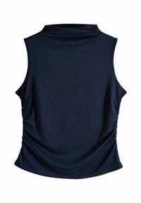 Marineblaues ärmelloses Oberteil mit hohem Kragen, das an den Seiten Raffung aufweist und aus einem glatten, strukturierten Stoff besteht. Einfaches Design, ohne sichtbare Logos.