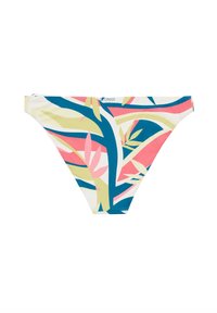 Bikini onderkant in tropische print met roze, groene en blauwe abstracte bladeren op een witte achtergrond. Gemaakt van rekbaar materiaal met een gladde textuur.