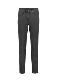 Ciemnoszare dżinsy o dopasowanym kroju, z pięcioma kieszeniami, z przodem zapinanym na guzik oraz widocznym szwem wzdłuż szwów.