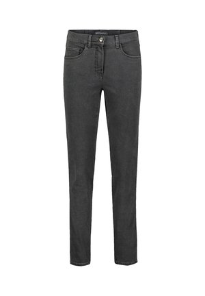 Donkergrijze denim jeans met een slim fit, voorzien van een vijf-pocket ontwerp, sluiting met een knoop aan de voorkant, en zichtbare stiksels langs de naden.