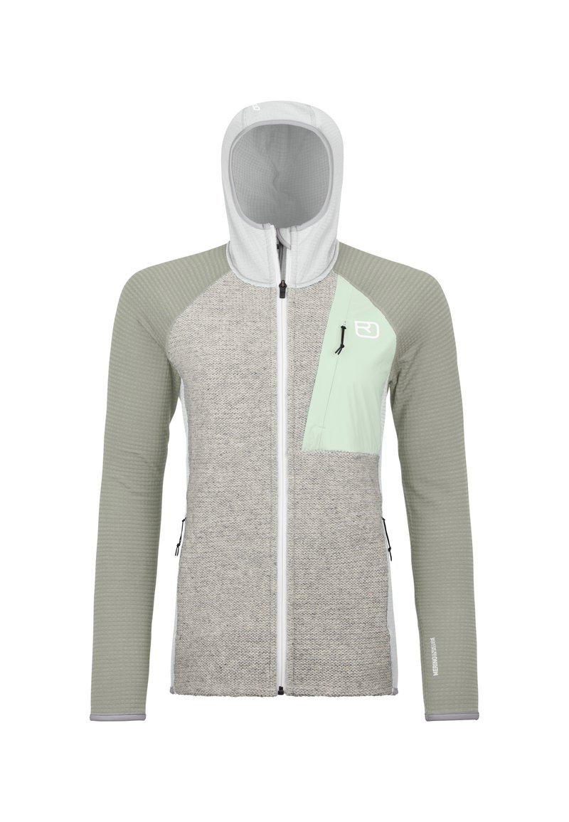 Hooded jacket featuring a mix of grey textured fabric and smooth mint accents, with a zipper closure and side pockets for storage.