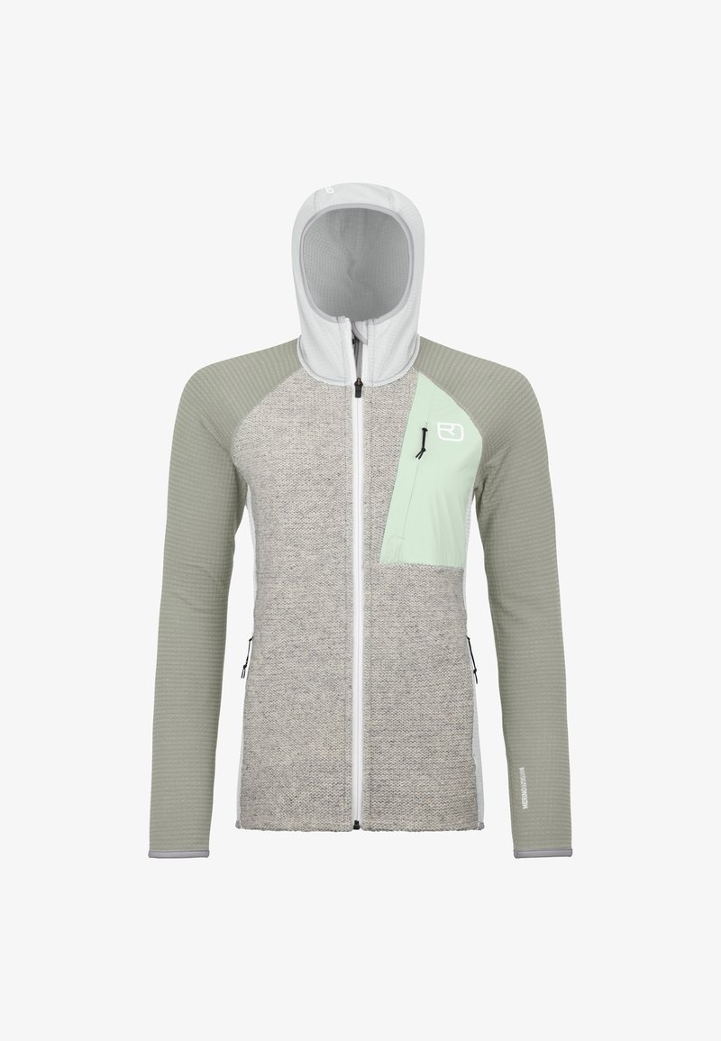Hooded jacket featuring a mix of grey textured fabric and smooth mint accents, with a zipper closure and side pockets for storage.