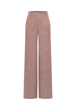 High-waisted straight-leg pants in muted rose pink with a button closure and belt loops, made of textured fabric.