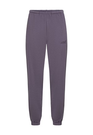 Pantalons de sport violets avec une taille élastique, des chevilles côtelées et un détail de logo discret. Fabriqués en tissu doux et extensible pour le confort.