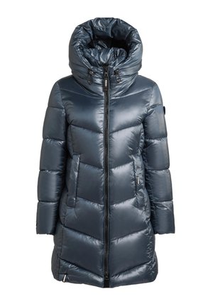 Piumino blu navy con finitura lucida, collo alto, zip frontale, due tasche laterali e design trapuntato a chevron per l'isolamento.