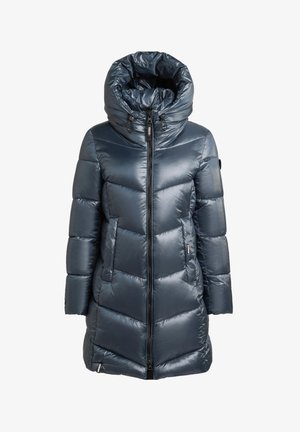 Navy puffer jacket with a glossy finish, high collar, zip front, two side pockets, and chevron quilted design for insulation.