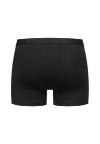 Black boxer briefs with a wide elastic waistband featuring subtle repeating text, shown from the back on a white background.