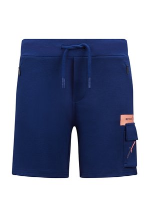 Pantaloni cargo blu navy realizzati in misto cotone con vita regolabile con cordino, tasche laterali e un logo rosa a contrasto sulla tasca cargo.