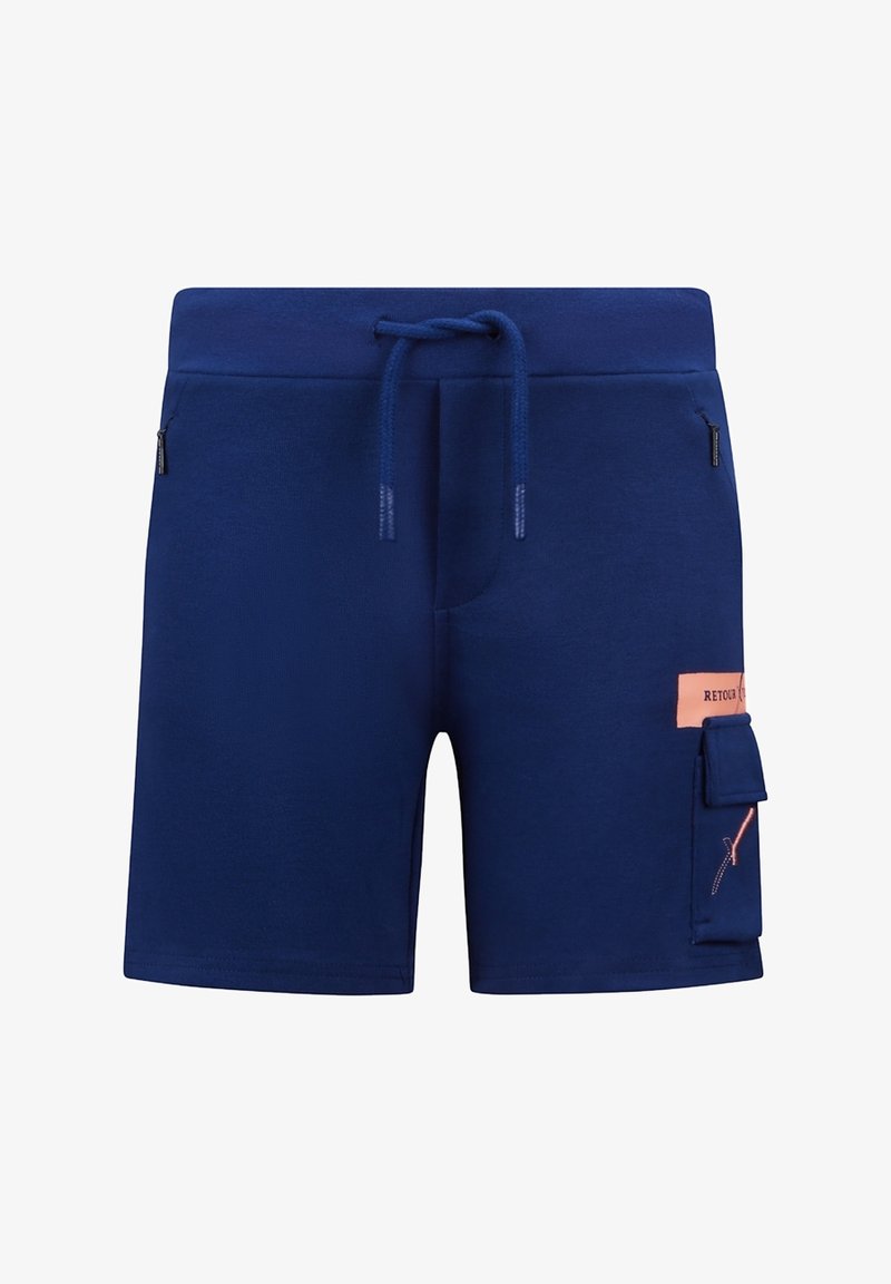 Granatowe szorty cargo wykonane z mieszanki bawełny, z elastycznym paskiem, bocznymi kieszeniami i kontrastowym różowym logo na kieszeni cargo.