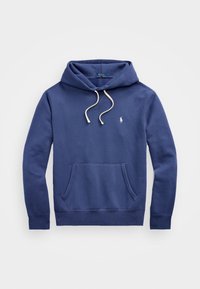 Blå långärmad hoodie med framficka, vita snören och liten broderad logotyp på vänster bröst.