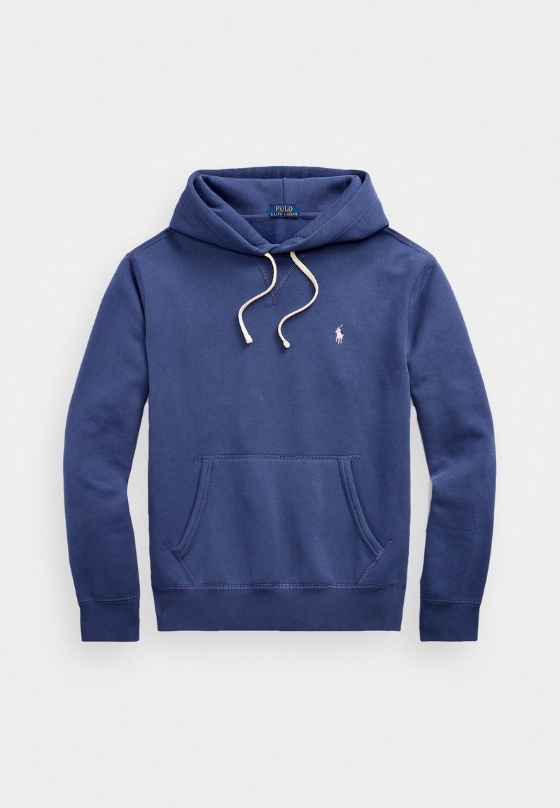 Blå långärmad hoodie med framficka, vita snören och liten broderad logotyp på vänster bröst.