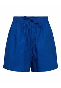 Siniset puuvillashortsit, joissa on joustava vyötärönauha, säädettävä kiristysnaru ja väljä istuvuus. Sileä pinta, ilman lisäkuvioita tai yksityiskohtia.