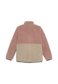 Fleece jakna z dolgimi rokavi, stoječim ovratnikom in dvobarvnim dizajnom; zgornji del v prašnem roza odtenku, spodnji del v bež barvi, prikazana s hrbta.