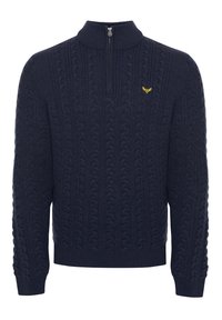 Marineblauer Strickpullover mit Stehkragen, ausgestattet mit einem halben Reißverschluss und einem kleinen gelben Logo auf der linken Brust. Strukturierter Stoff.