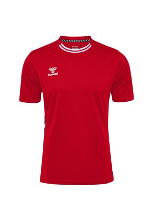 Röd sporttröja i lätt material, med rund halsringning, korta ärmar och svarta detaljer på sidorna samt en logotyp på bröstet.