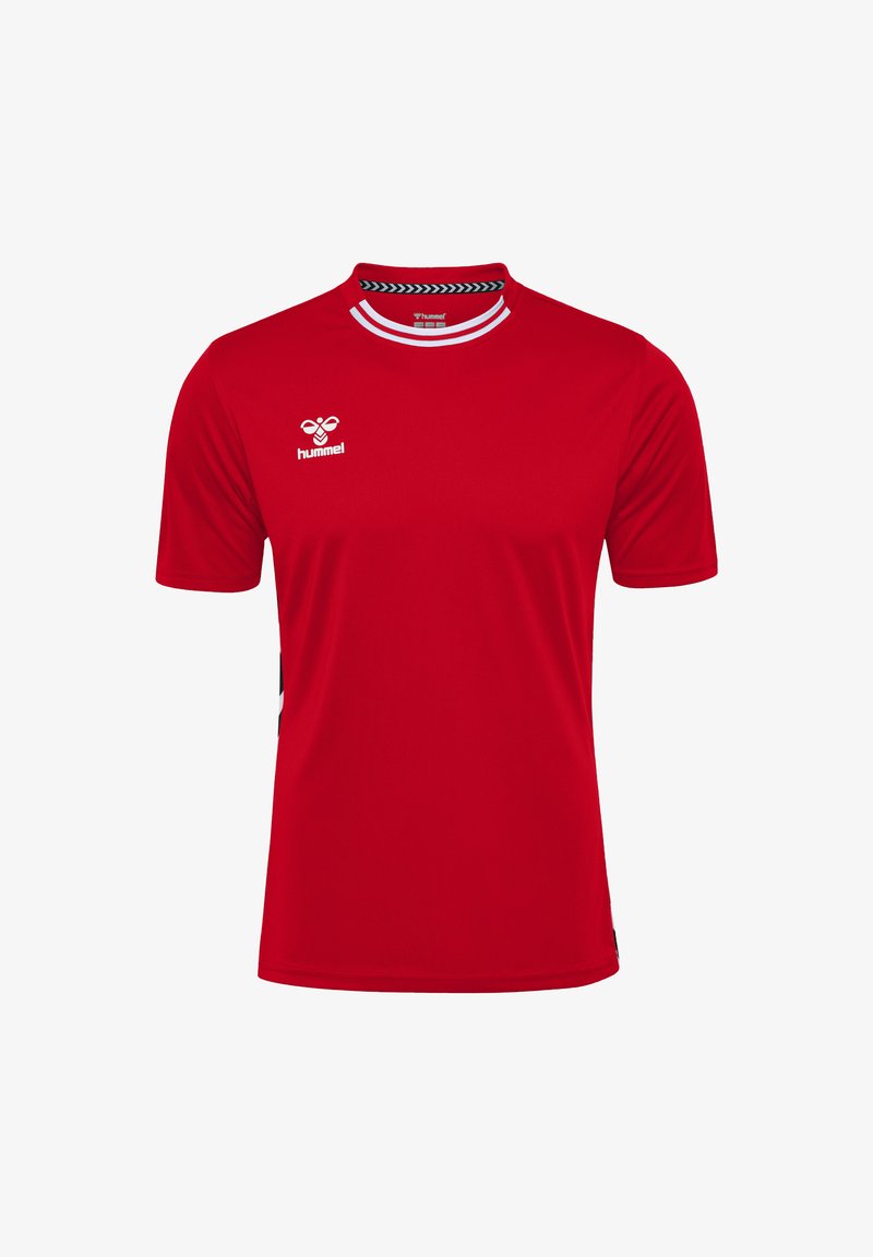 Röd sporttröja i lätt material, med rund halsringning, korta ärmar och svarta detaljer på sidorna samt en logotyp på bröstet.