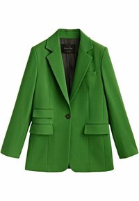 Zielona marynarka z gładkiego materia�łu, z pojedynczym zapięciem na guzik, dwiema bocznymi kieszeniami oraz kieszenią na piersi z klapami.