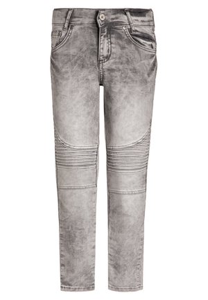 Grijze denim broek met een vervaagde afwerking. Heeft geribbelde accenten op de knieën en een klassieke vijfzakkenontwerp. Strakke pasvorm en rechte pijpen.