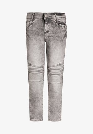 Szare dżinsy o wyblakłym wykończeniu. Zawierają prążkowane akcenty na kolanach oraz klasyczny pięci pocketsowy krój. Dopasowany fason i prosty krój nogawek.