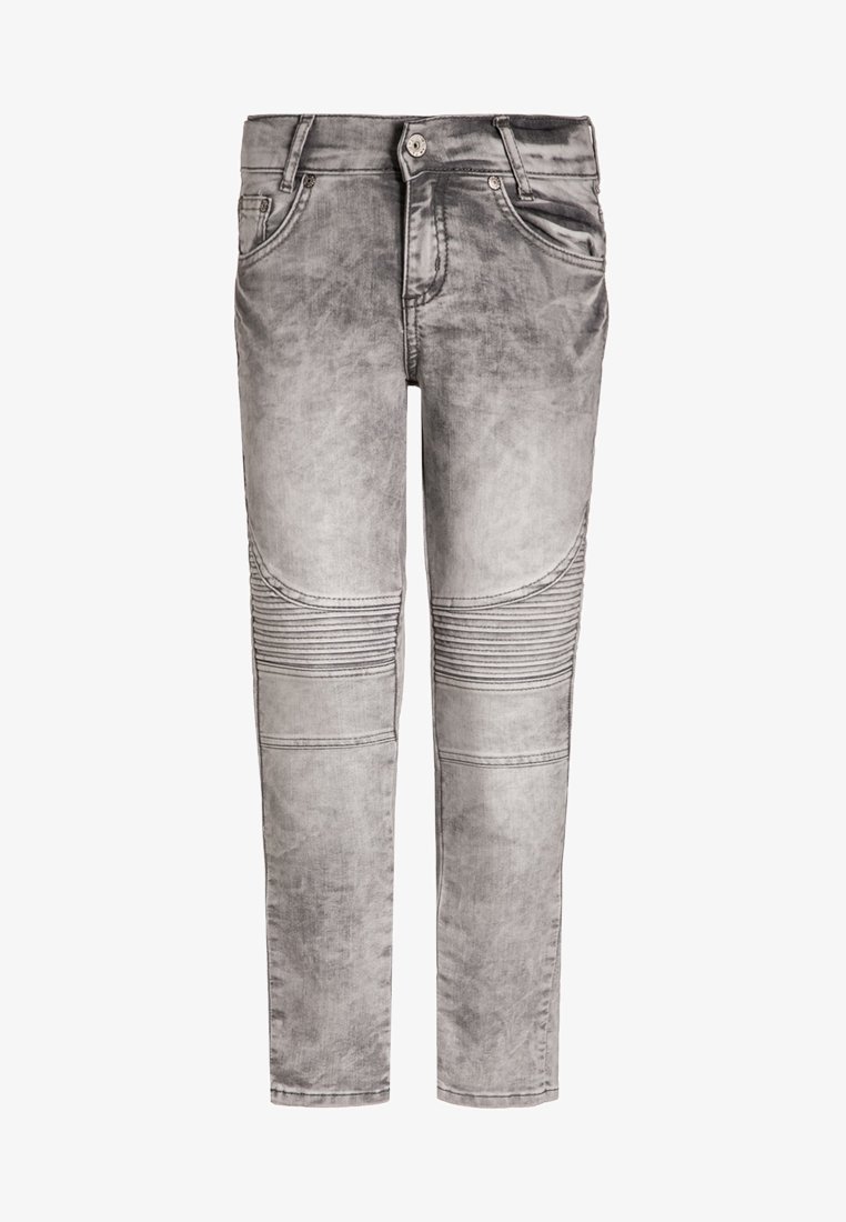 Pantalons en denim gris avec une finition délavée. Présente des accents côtelés au niveau des genoux et un design classique à cinq poches. Coupe serrée et jambe droite.