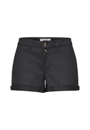 Black cotton shorts with two front buttons, rolled hem, and belt loops. Smooth texture with a classic fit, no patterns or accents visible.