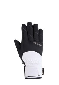 Schwarz-weiß Winterhandschuh mit strukturiertem Handflächenbereich und gestickten Details, hergestellt aus GORE-TEX-Material für Wasserbeständigkeit.