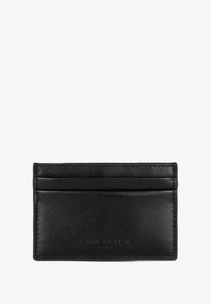 Porte-cartes en cuir noir avec quatre fentes pour cartes et logo embossé. Texture lisse avec des coutures soignées et un design épuré et minimaliste.