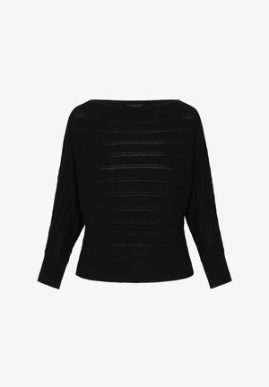 Maglione nero a maglia con scollatura a spalla scoperta, polsini a coste e un motivo a righe orizzontali con piccole aperture.