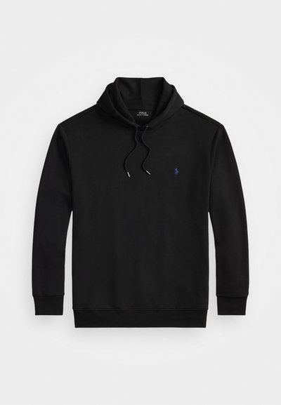 Sweatshirt preta feito de um tecido misto de algodão, apresentando um decote alto, cordão, mangas longas e um pequeno logotipo bordado em azul escuro.