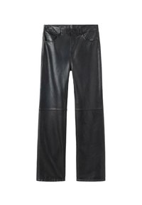 Pantaloni dritti in pelle nera con tasche anteriori, passanti per cintura e chiusura a bottone in vita, mostrati distesi su uno sfondo bianco.