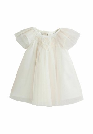 Weißes Kleinkinderkleid mit Tüllüberzug, sanft ausgestellten Ärmeln und bestickten Blumenakzenten am Oberteil. Glitzernde Details überall.