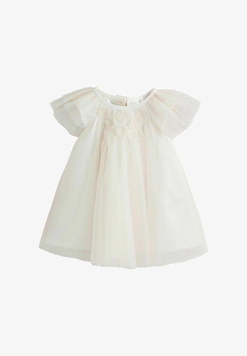 Robe blanche pour tout-petit avec un voile en tulle, des manches évasées douces et des accents floraux brodés sur le corsage. Détails scintillants partout.