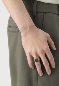 Käsi, jossa on kultasormus, jossa on suuri neliömäinen vihreä kivi, lepäämällä oliivinvihreän housuntingan taskussa.