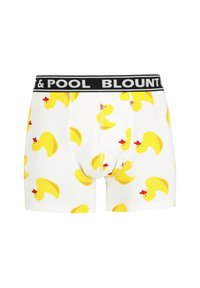 Un short en boxer blanc orné d'un motif de canards en caoutchouc jaunes avec des peignes rouges, terminé par une ceinture élastique noire portant l'inscription "POOL & BLOUNT."
