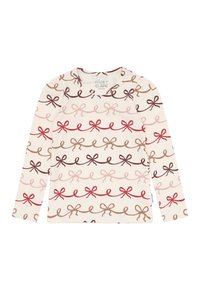 Langärmliges Oberteil aus cremefarbenem Stoff mit gerippter Textur und abwechselnden Reihen farbiger Schleifen in Rosa, Rot, Braun und Beige.