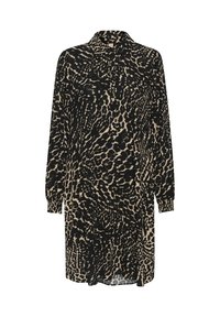 Abito con stampa animalier caratterizzato da un motivo nero e beige, maniche lunghe, colletto e una vestibilità morbida con spaccature laterali per facilitare i movimenti.
