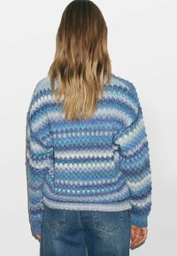 Sinine kootud sviiter horisontaalsete triipudega, mis on erinevates sinise ja valge toonides. Omab ruudukujulist lõiget ning ribakujulisi varruka- ja hemmiotsi.