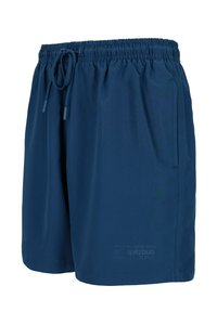 Marineblaue Badehose aus leichtem Material, mit elastischem Bund und Kordelzug, Seitentaschen und einer glatten Textur.