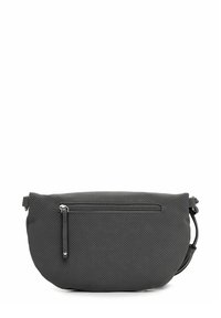 Borsa a mano in tessuto grigio perforato con forma curva, dotata di chiusura con zip nella parte superiore e di una tasca con zip aggiuntiva sul davanti.