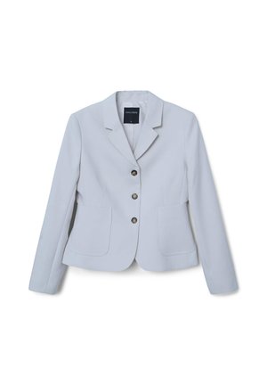 Blazer bleu clair pour femmes avec trois boutons, col cranté, manches longues et deux poches avant à rabat, taille petite, marque Calliope.