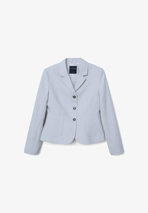 Light blue women's blazer with three buttons, notched collar, long sleeves, and two front patch pockets, size small, brand Calliope.
