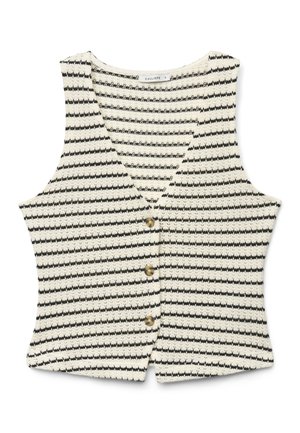 Ärmellose Strickweste mit schwarz-weißen horizontalen Zickzackstreifen, V-Ausschnitt und drei braunen Knöpfen auf der Vorderseite.