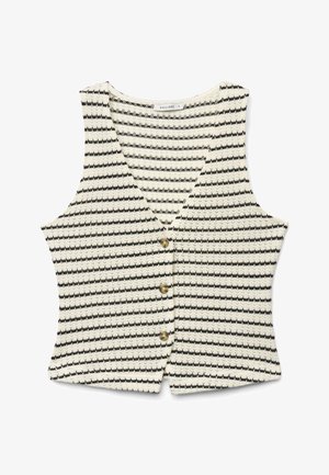 Ärmellose Strickweste mit schwarz-weißen horizontalen Zickzackstreifen, V-Ausschnitt und drei braunen Knöpfen auf der Vorderseite.