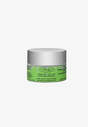 Barattolo di crema viso anti-età con etichetta verde e coperchio argento, contenente fico d'India e acido ialuronico, formato da 50 ml.
