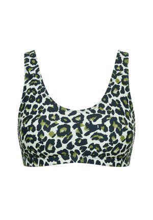 Sport-BH mit grünem und schwarzem Leopardenmuster auf weißem Hintergrund, mit breiten Trägern und rundem Ausschnitt.
